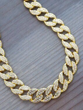 15mm 20inches Cuban Ice Round Curb Diamond Chain Necklace with Rhinestones